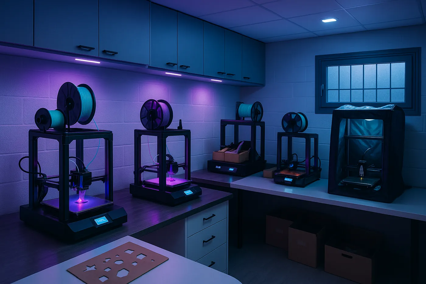 Atelier d'impression 3D éclairé au néon